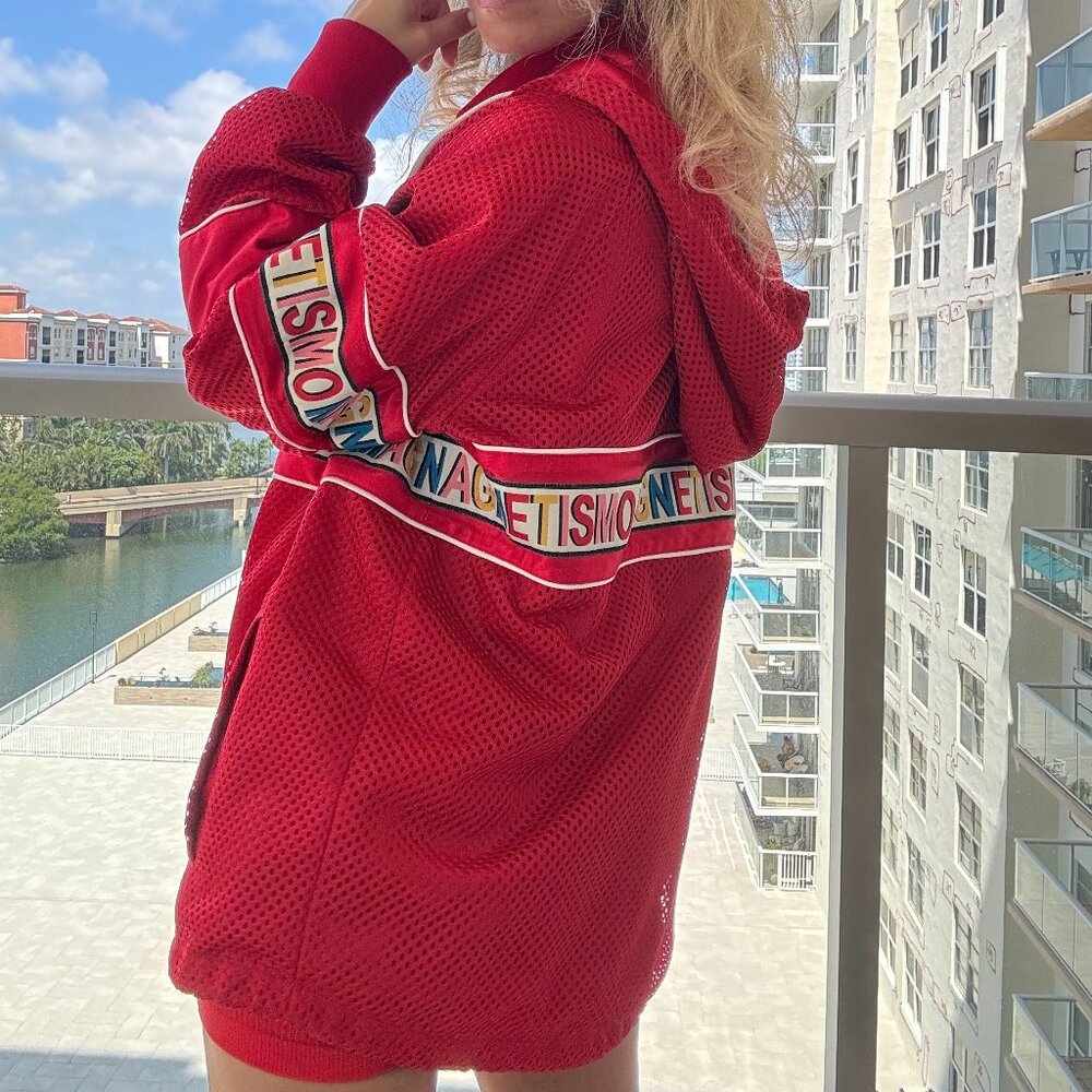 Gucci Red Mesh & Satin Magnetismo Stripe Trimmed Zip Front Hooded Jacket - Picture 6 of 14